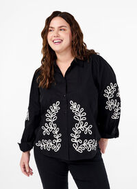 Loose cotton shirt with embroidery, Black, Model