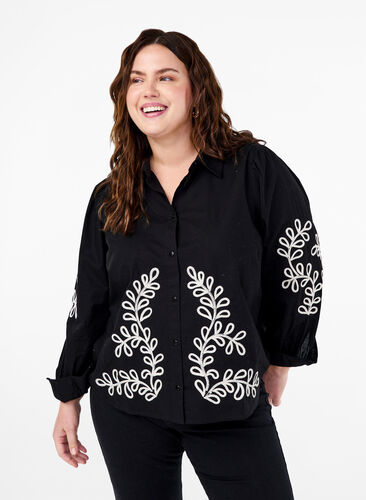 Zizzifashion Loose cotton shirt with embroidery, Black, Model image number 0