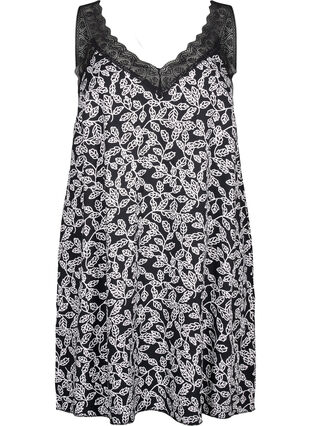 Zizzifashion Strap dress in viscose with lace, Black w. Wh.Leaf AOP, Packshot image number 0