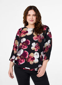 Viscose blouse with print and smock, Black Pink FlowerAOP, Model