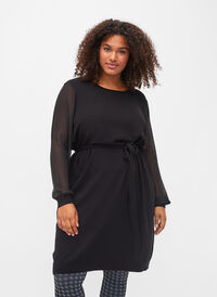 Knitted dress with sheer sleeves, Black, Model