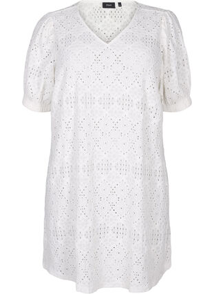 Zizzifashion Short dress with v-neck and hole pattern, Bright White, Packshot image number 0