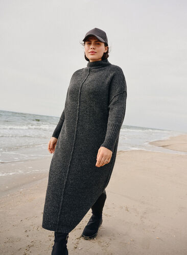 Zizzifashion Long oversized knitted dress with slit, Dark Grey Melange, Image image number 0