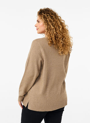 Zizzifashion Knitted blouse with V-neck, Desert Taupe Melange, Model image number 1