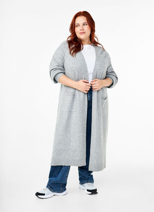 Zizzifashion Long knitted cardigan with pockets, Light Grey Melange, Model image number 2