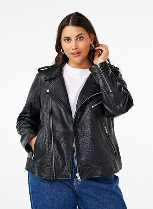 Zizzifashion Leather biker jacket with pockets, Black, Model image number 0