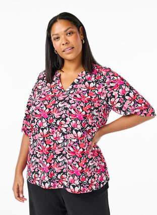 Zizzifashion V-neck blouse with floral print, Black Flower AOP, Model image number 0