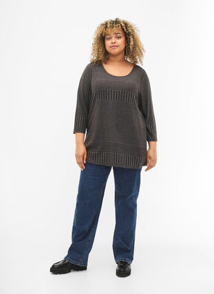 Zizzifashion Blouse with 3/4 sleeves and striped pattern, Dark Grey Melange, Model image number 2