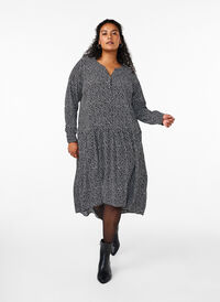 Midi dress with long sleeves, Black Small Flower, Model