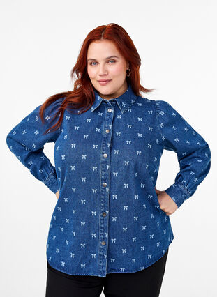 Zizzifashion Denim shirt with hearts, Denim Blue W. Wh.Bow, Model image number 0