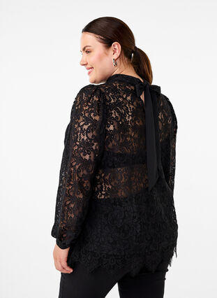 Zizzifashion Lace blouse with bow detail, Black, Model image number 1