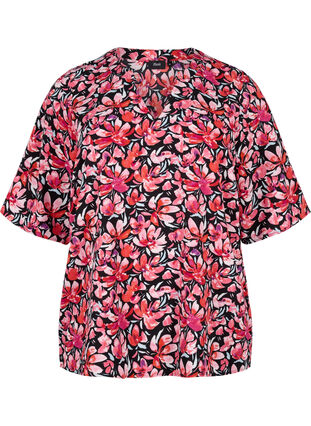 Zizzifashion V-neck blouse with floral print, Black Flower AOP, Packshot image number 0