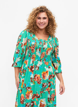 Zizzifashion Printed viscose dress with smock at the top, Arcadia AOP, Model image number 2