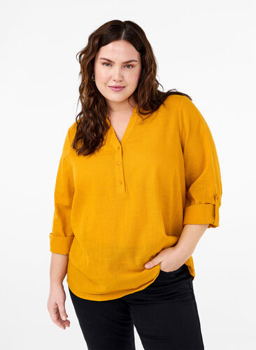 Zizzifashion Cotton shirt blouse with v-neck, Golden Yellow, Model image number 0