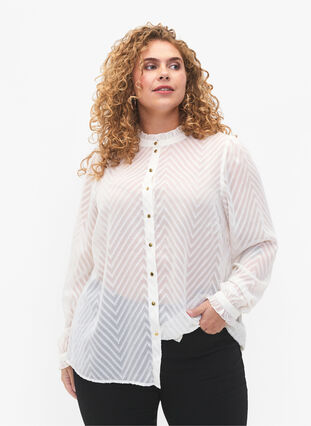 Zizzifashion Shirt blouse with ruffles and patterned texture, Snow White, Model image number 0