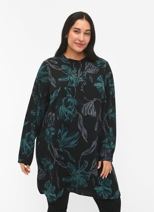 Zizzifashion FLASH - Floral tunic with long sleeves, Black Scarab Flower, Model image number 0