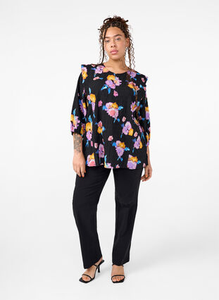 Zizzifashion Floral blouse with round neck and zip, Black w. Flower AOP, Model image number 1