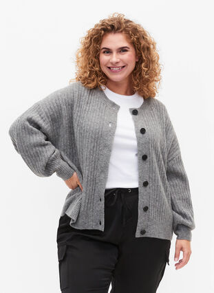 Zizzifashion Ribbed knitted cardigan with buttons, Medium Grey Melange, Model image number 0