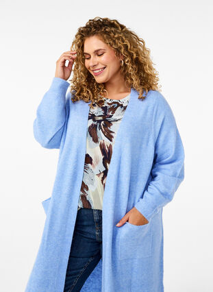 Zizzifashion Long knitted cardigan with pockets, Cornflower Blue Mel., Model image number 2