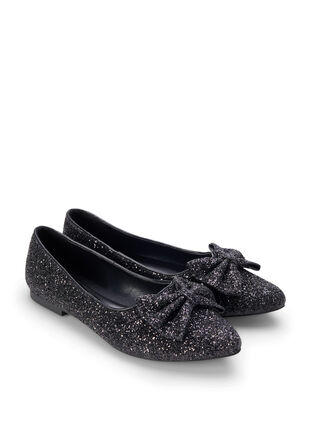 Zizzifashion Wide fit glitter ballerina with bow, Black, Packshot image number 1