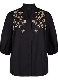 Shirt blouse with embroidered flowers and 3/4 sleeves