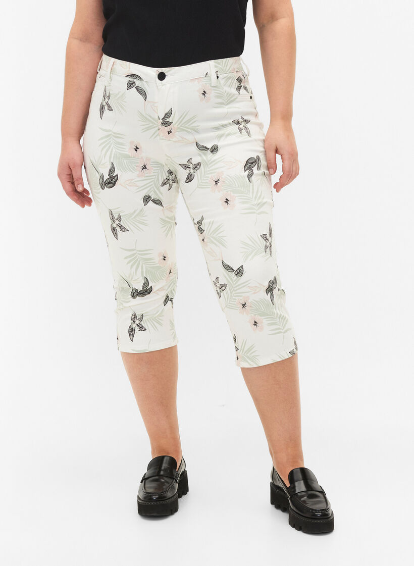 Capri jeans with floral print and high waist