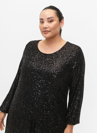Zizzifashion Short sequin dress with long sleeves, Black, Model image number 2