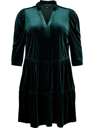 Zizzifashion Velour dress with ruffle collar and 3/4 sleeves, Scarab, Packshot image number 0