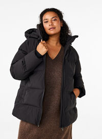 Short puffer jacket with hood, Black, Model