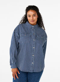 Striped denim shirt with chest pockets, Blue Denim Stripe, Model