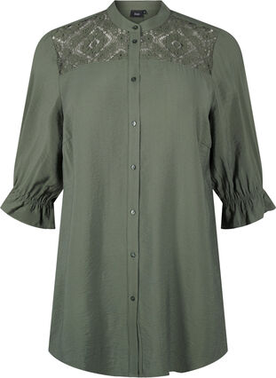 Zizzifashion Long viscose shirt with lace detail, Thyme, Packshot image number 0