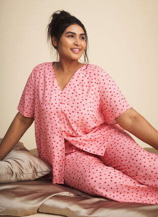 Zizzifashion Loose viscose pyjama bottoms with print, Pink Icing W. hearts, Image image number 0