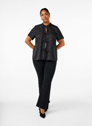 Zizzifashion Short-sleeved jacquard blouse with ties, Black, Model image number 2