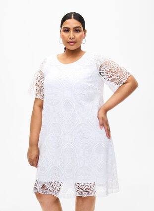 Zizzifashion Short-sleeved lace party dress, Bright White, Model image number 0