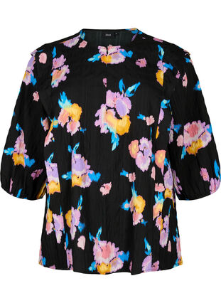 Zizzifashion Floral blouse with round neck and zip, Black w. Flower AOP, Packshot image number 0