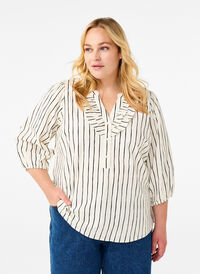 3/4 sleeve cotton blouse with stripes, Eggnog Black Stripe, Model