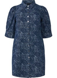 Short denim shirt dress with rose pattern