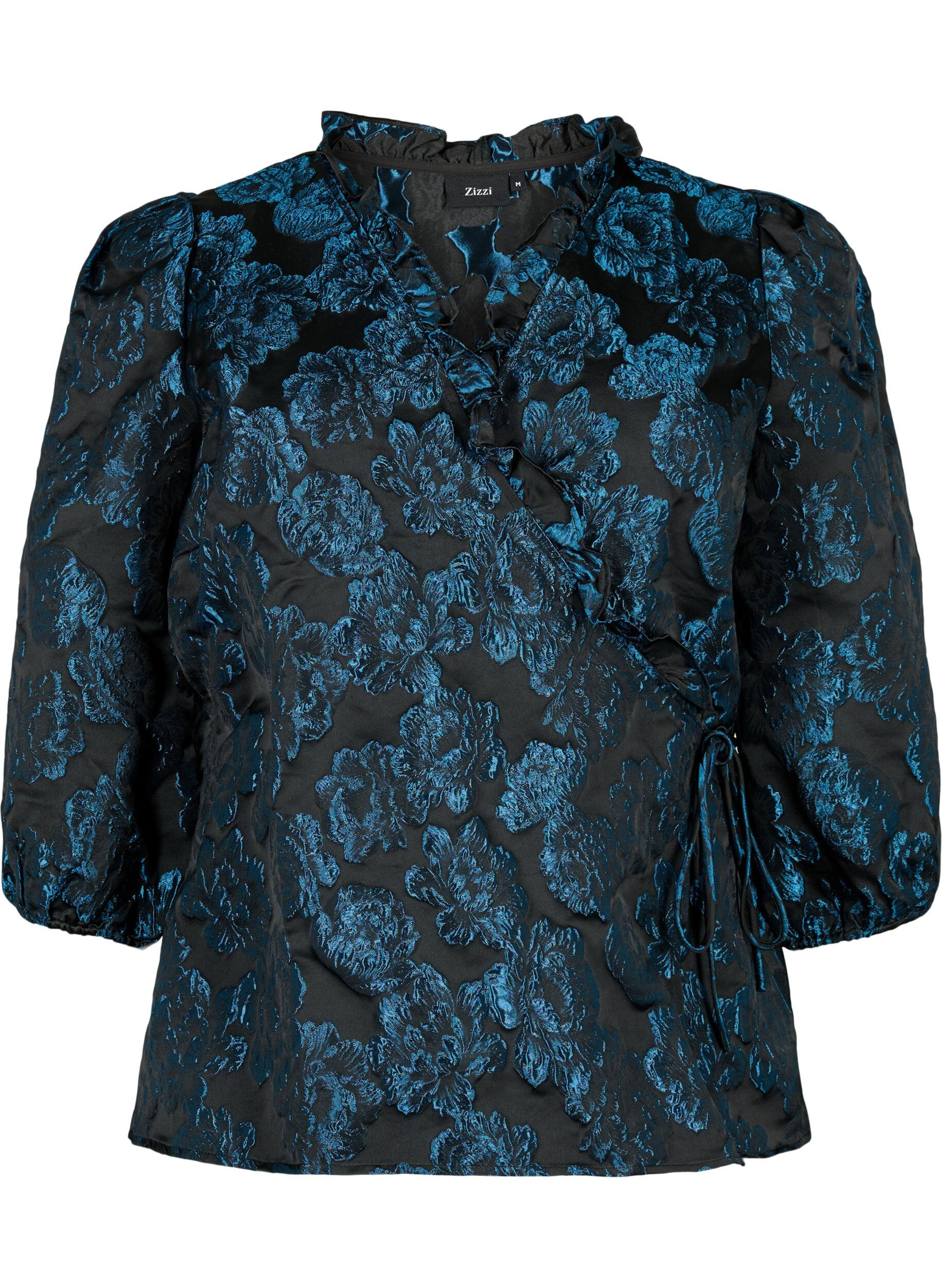 Jacquard wrap blouse with 3/4 sleeves - Black - Sz. 42-64 - Zizzifashion