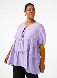 A-line viscose tunic with lace-up detail, Sand Verbena, Model