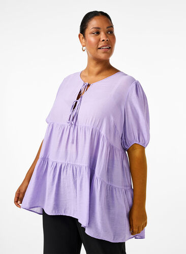 Zizzifashion A-line viscose tunic with lace-up detail, Sand Verbena, Model image number 0