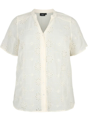 Zizzifashion Short sleeve shirt blouse with broderie anglaise, Antique White, Packshot image number 0