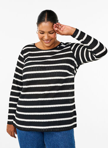 Zizzifashion Blouse with stripes and long sleeves, Black Sand Stripe, Model image number 0