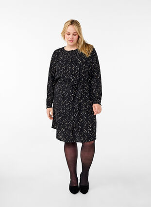 Zizzifashion Long-sleeved dress with tie string, Black w. Dot AOP, Model image number 2