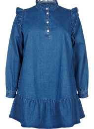 Denim dress with ruffles and A-cut, Blue Denim, Packshot