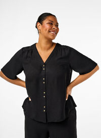 V-neck shirt blouse with short sleeves, Black, Model