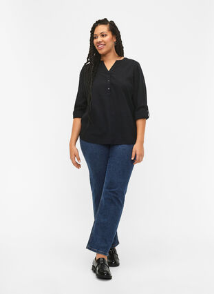 Zizzifashion Shirt blouse in cotton with a v-neck, Black, Model image number 2