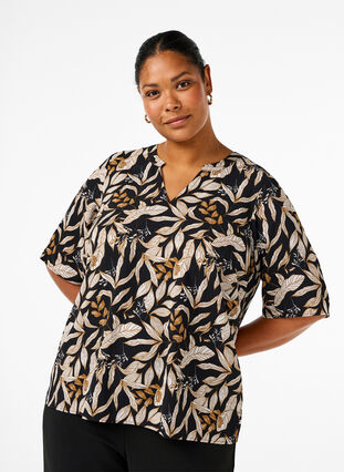 Zizzifashion V-neck blouse with leaf print, Black Leaf AOP, Model image number 0