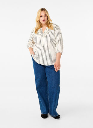 Zizzifashion 3/4 sleeve cotton blouse with stripes, Eggnog Black Stripe, Model image number 2