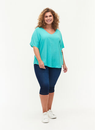 Zizzifashion Short-sleeved viscose blouse with v-neck, Turquoise, Model image number 2