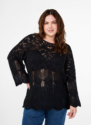 Zizzifashion Knitted blouse with lace pattern, Black, Model image number 0